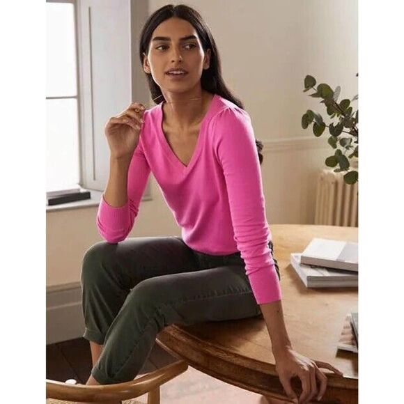 BODEN Cotton V-neck Jumper XS Highland Long Sleeve Knitwear Candy Pink - Picture 3 of 10